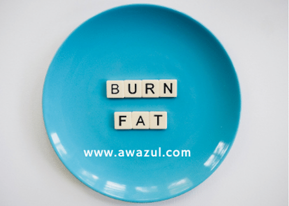 Word burn fat in srabble tiles over a blue plate