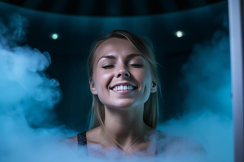 Relaxed woman smiles with her eyes closed in cryotherapy cabin