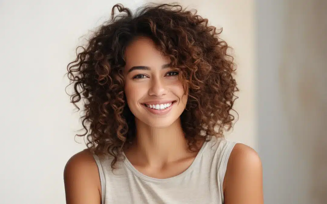 Smiling woman with long curly brown hair wearing a beige tank top.