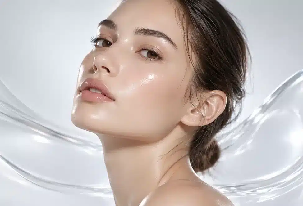 Woman with luminous glass-like skin and clear fluid water waves around her face.